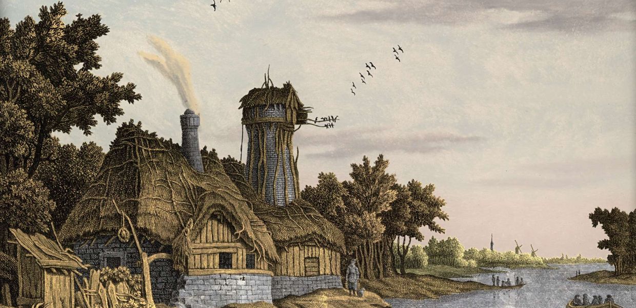 A house beside a river with windmills in the distance